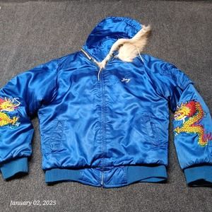 VTG Rare‎ Charley Brown Kunsan Korea Minnesota Dragon Jacket Blue Satin Hooded
